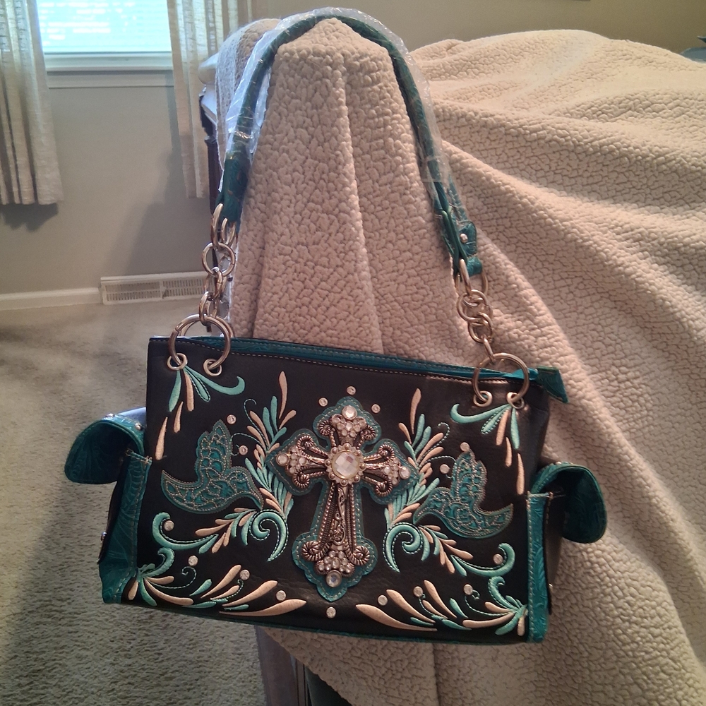 Embroidered Cross Design Women's Bag/Purse- Teal and Black Concealed carry